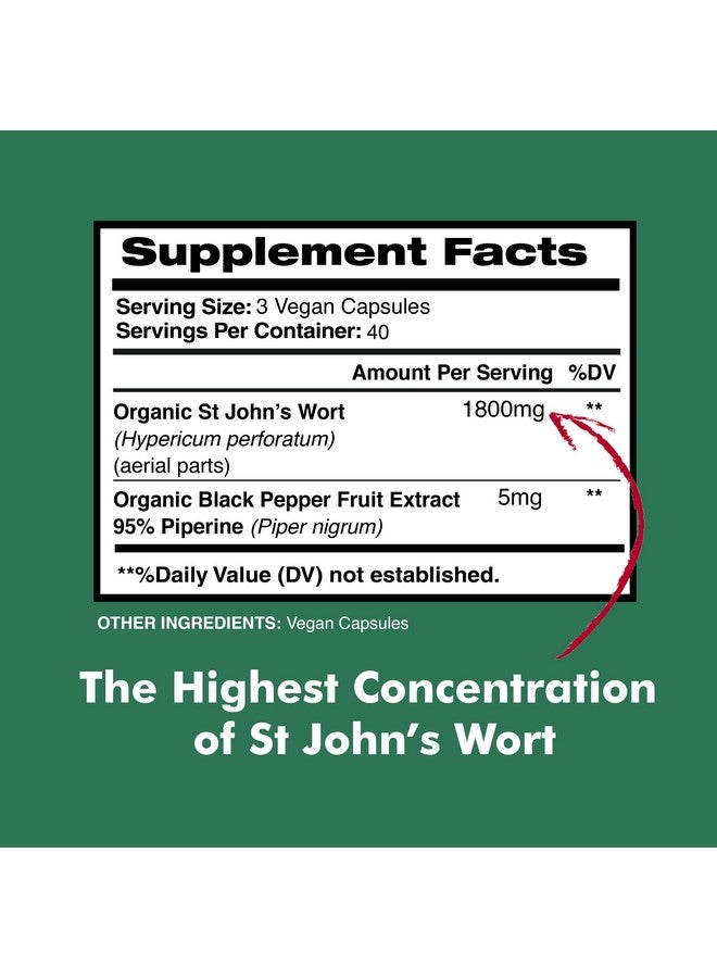 American Standard Supplements عشبة سانت جون العضوية 1800 ملغ ومستخلص الفلفل الأسود العضوي كبسولات عشبة سانت جون مسحوق عشبة سانت جون 120 كبسولة نباتية - Image 3