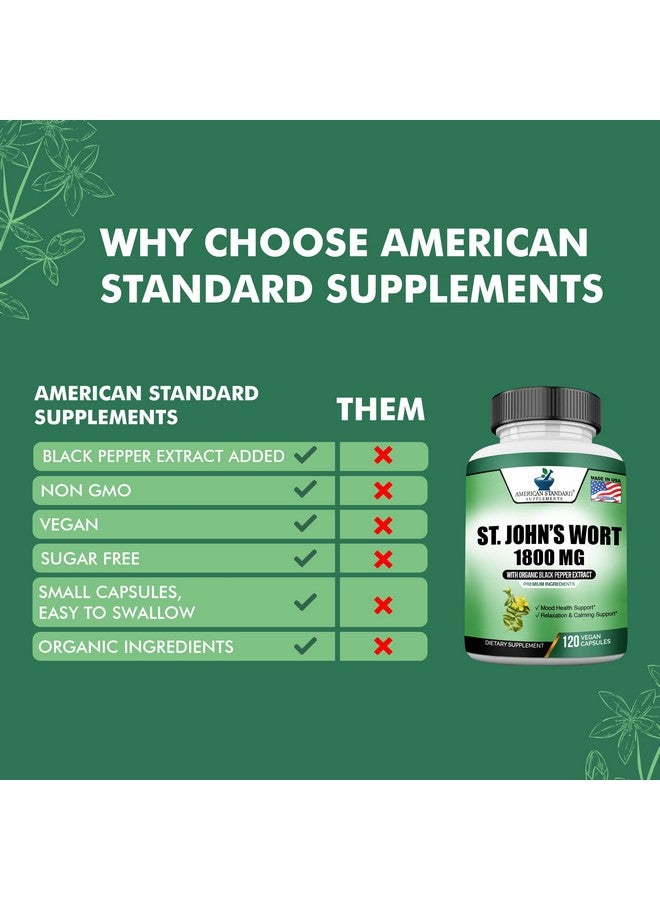 American Standard Supplements عشبة سانت جون العضوية 1800 ملغ ومستخلص الفلفل الأسود العضوي كبسولات عشبة سانت جون مسحوق عشبة سانت جون 120 كبسولة نباتية - Image 5