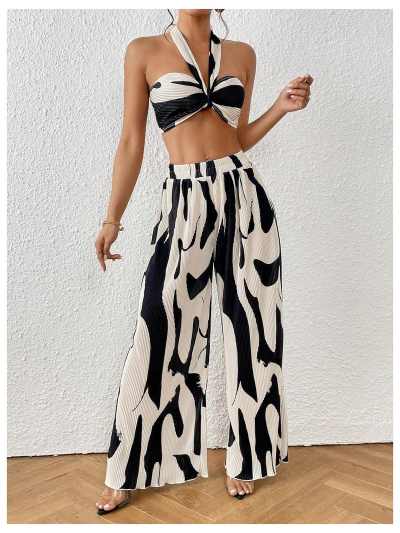 OYOANGLE Women's 2 Piece Vacation Outfits Graphic Print Knitted Crop Halter Top and Wide Leg Pants Set Black X-Small - Image 3