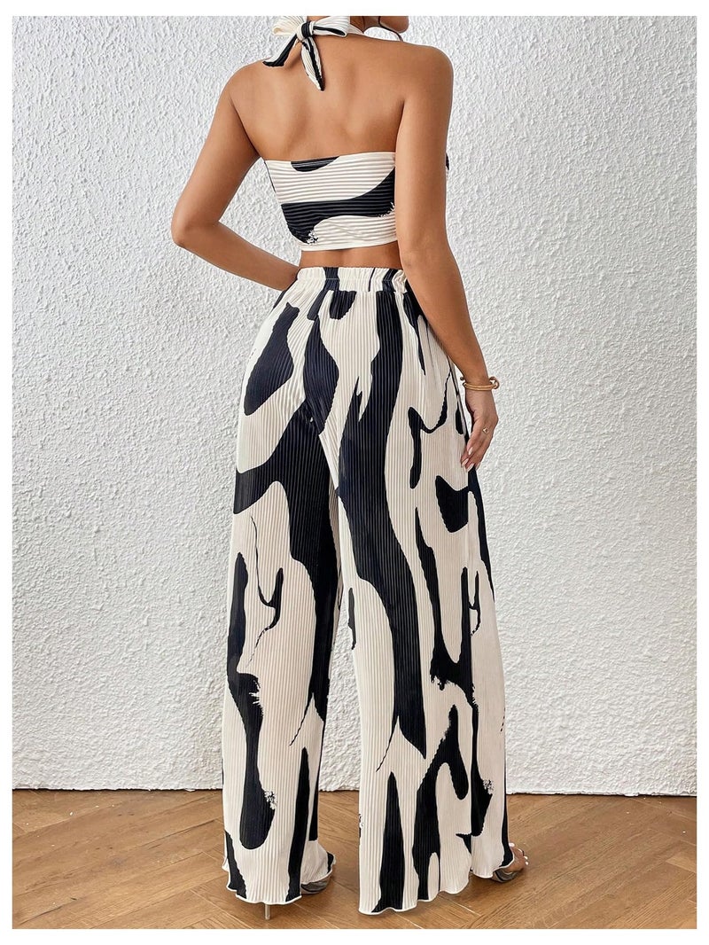 OYOANGLE Women's 2 Piece Vacation Outfits Graphic Print Knitted Crop Halter Top and Wide Leg Pants Set Black X-Small - Image 2