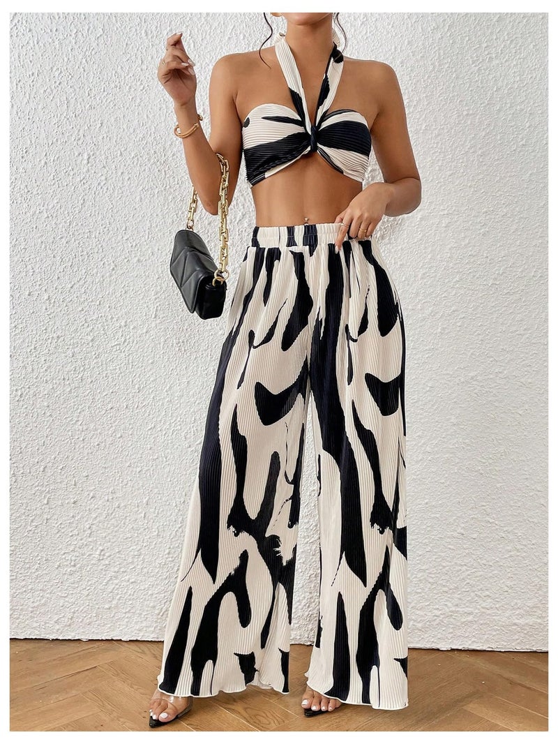 OYOANGLE Women's 2 Piece Vacation Outfits Graphic Print Knitted Crop Halter Top and Wide Leg Pants Set Black X-Small - Image 5