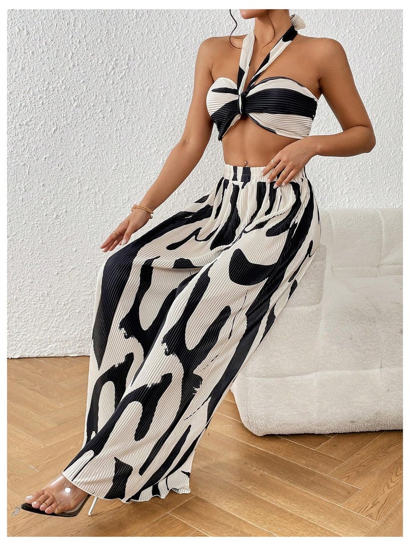 OYOANGLE Women's 2 Piece Vacation Outfits Graphic Print Knitted Crop Halter Top and Wide Leg Pants Set Black X-Small - Image 4