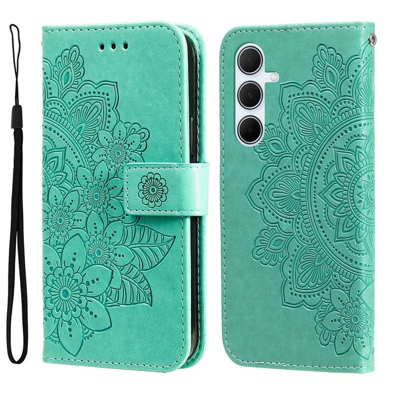 HuHa Protective Cover For Samsung Galaxy A36 5G / A56 5G Seven-petal Flowers Embossing Leather Phone Case(Green) - Image 1