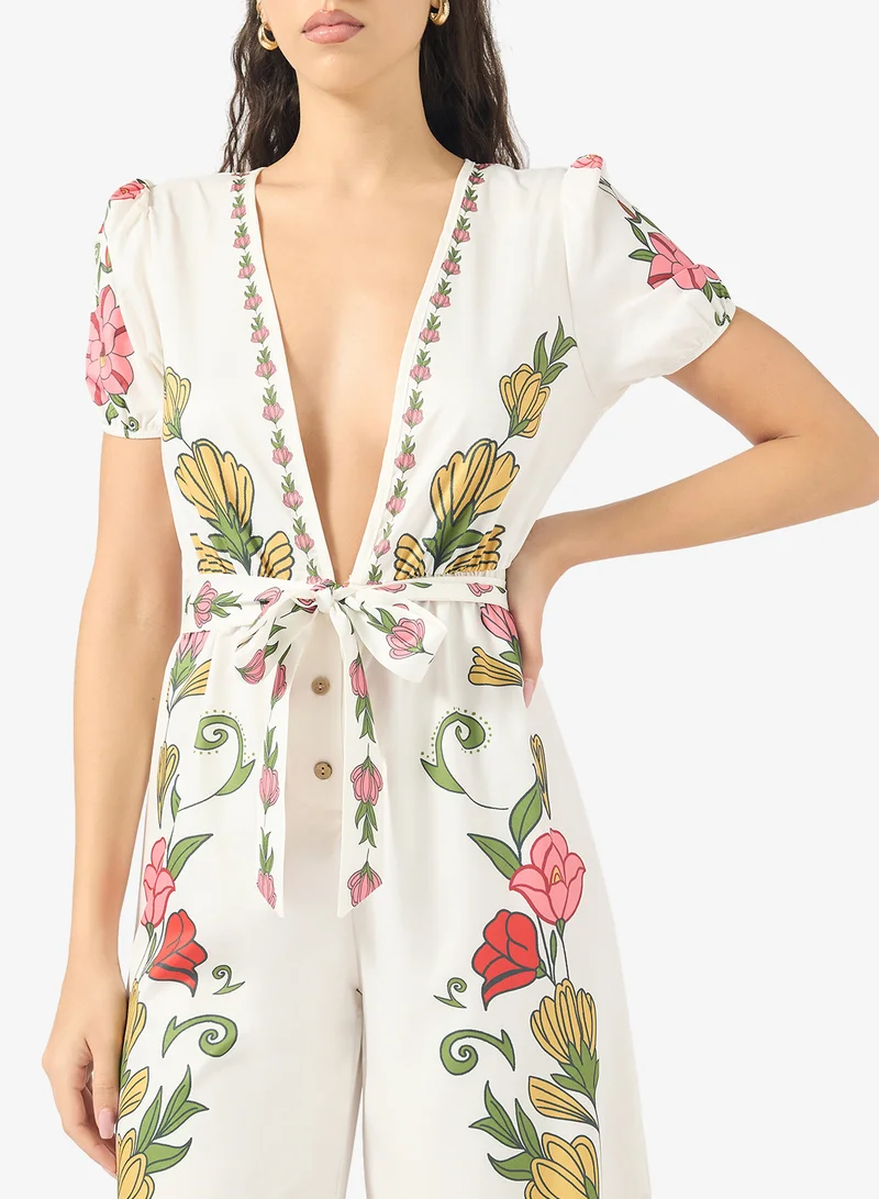 Ginger  Floral Print Plunge Neck Jumpsuit for Women | Best Price UAE