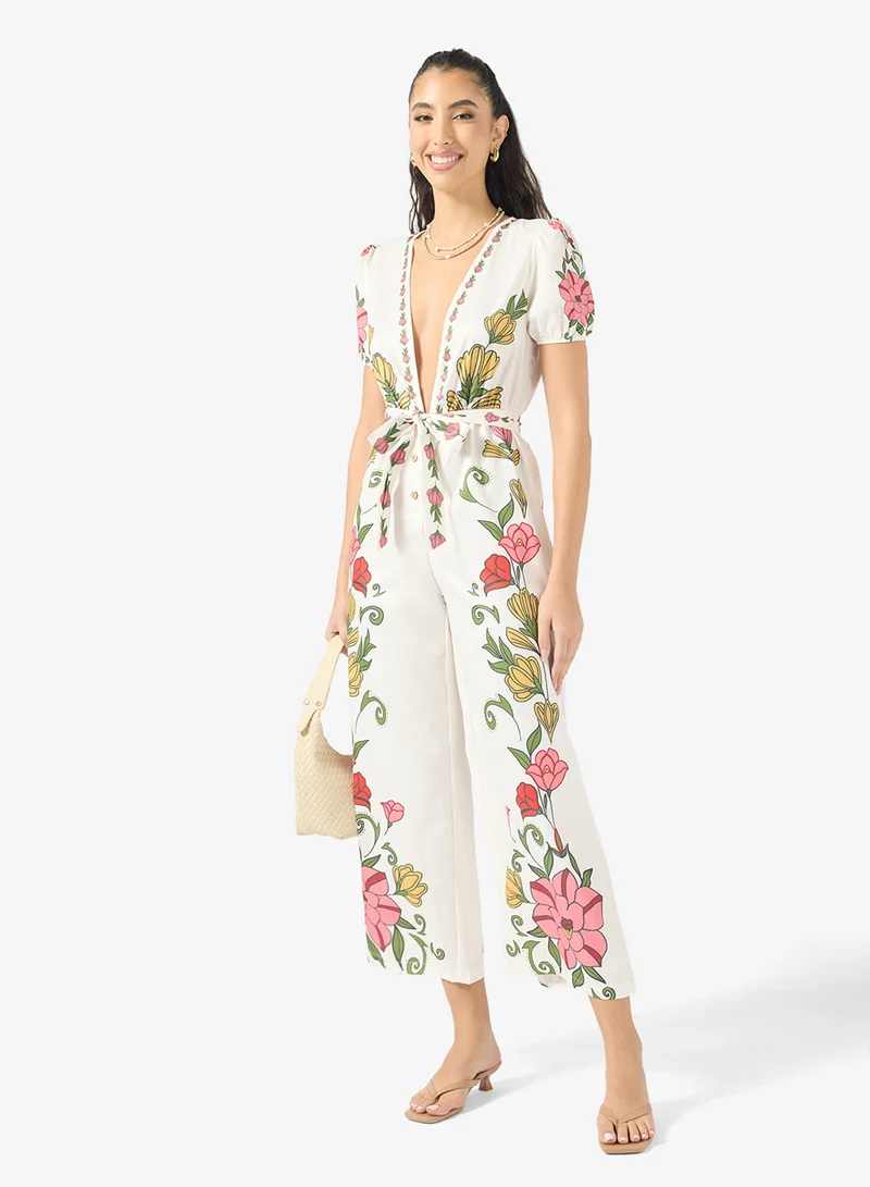 Ginger  Floral Print Plunge Neck Jumpsuit for Women | Best Price UAE