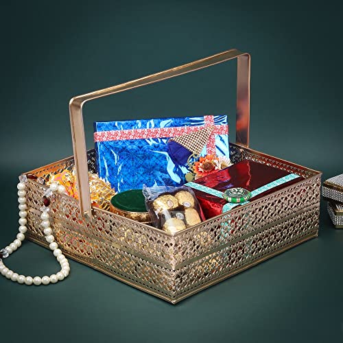 ekysa dekor Metal Sheet Multipurpose Hamper Fancy Oval Basket/Tray/Platter Box With Movable Handles For Packing, Gifting, Decoration - Golden (12 * 4 Inch) - Image 4