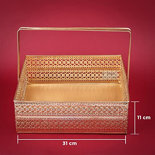 ekysa dekor Metal Sheet Multipurpose Hamper Fancy Oval Basket/Tray/Platter Box With Movable Handles For Packing, Gifting, Decoration - Golden (12 * 4 Inch) - Image 5