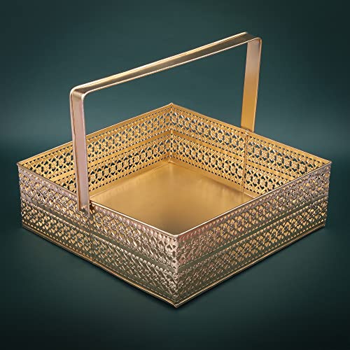 ekysa dekor Metal Sheet Multipurpose Hamper Fancy Oval Basket/Tray/Platter Box With Movable Handles For Packing, Gifting, Decoration - Golden (12 * 4 Inch) - Image 1