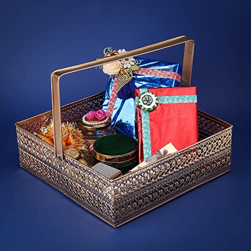 ekysa dekor Metal Sheet Multipurpose Hamper Fancy Oval Basket/Tray/Platter Box With Movable Handles For Packing, Gifting, Decoration - Golden (12 * 4 Inch) - Image 3