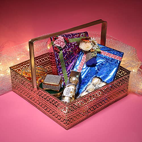 ekysa dekor Metal Sheet Multipurpose Hamper Fancy Oval Basket/Tray/Platter Box With Movable Handles For Packing, Gifting, Decoration - Golden (12 * 4 Inch) - Image 2