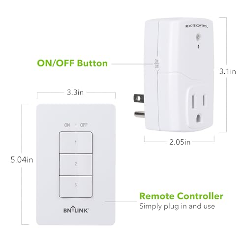 BN-LINK Mini Wireless Wall-Mounting Remote Control Outlet Switch Power Plug in for Household Appliances, Wireless Remote Light Switch, LED Light Bulbs, White (3 Outlets) - Image 2