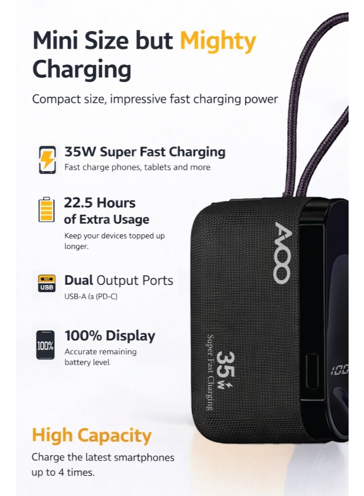 أفو باور بنك شحن متنقل صغير وخفيف 10000mAh شحن سريع 35W PD مع تايب سي مدمج ومنفذين USB ومنفذ Type-C – بطارية متنقلة باللون الاسود للآيفون وسامسونج وأندرويد – مناسب للآيباد والرحلات - Image 3