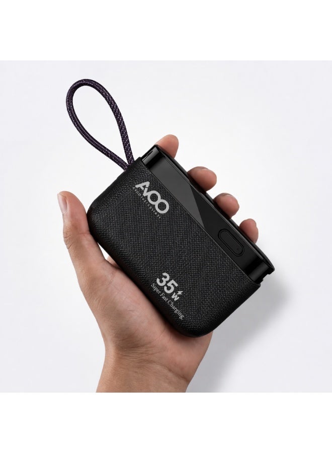 أفو باور بنك شحن متنقل صغير وخفيف 10000mAh شحن سريع 35W PD مع تايب سي مدمج ومنفذين USB ومنفذ Type-C – بطارية متنقلة باللون الاسود للآيفون وسامسونج وأندرويد – مناسب للآيباد والرحلات - Image 2