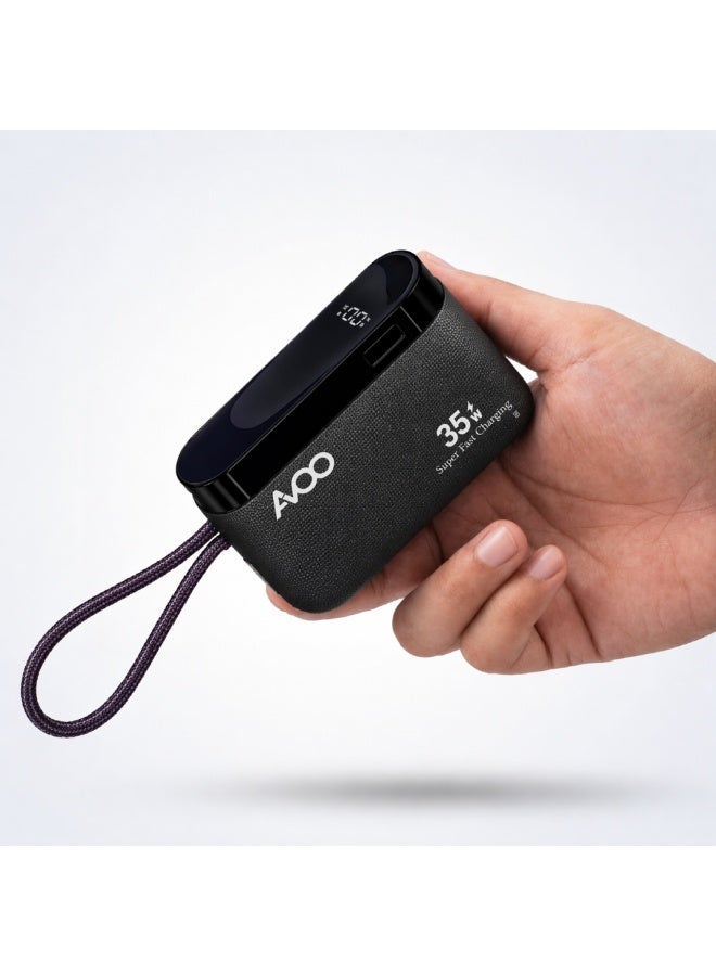 أفو باور بنك شحن متنقل صغير وخفيف 10000mAh شحن سريع 35W PD مع تايب سي مدمج ومنفذين USB ومنفذ Type-C – بطارية متنقلة باللون الاسود للآيفون وسامسونج وأندرويد – مناسب للآيباد والرحلات - Image 3