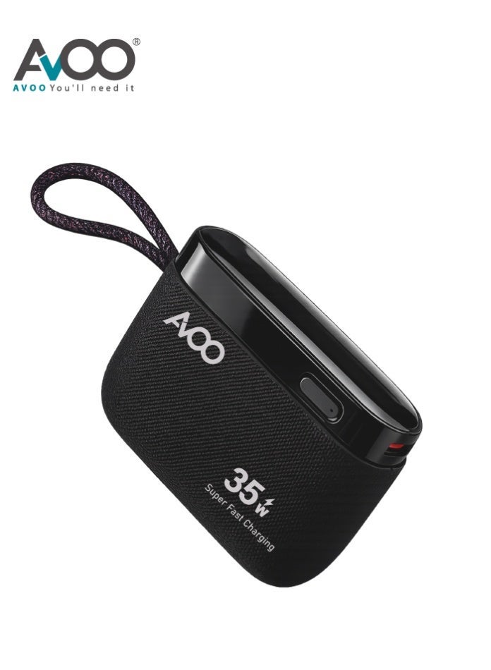 أفو باور بنك شحن متنقل صغير وخفيف 10000mAh شحن سريع 35W PD مع تايب سي مدمج ومنفذين USB ومنفذ Type-C – بطارية متنقلة باللون الاسود للآيفون وسامسونج وأندرويد – مناسب للآيباد والرحلات - Image 3
