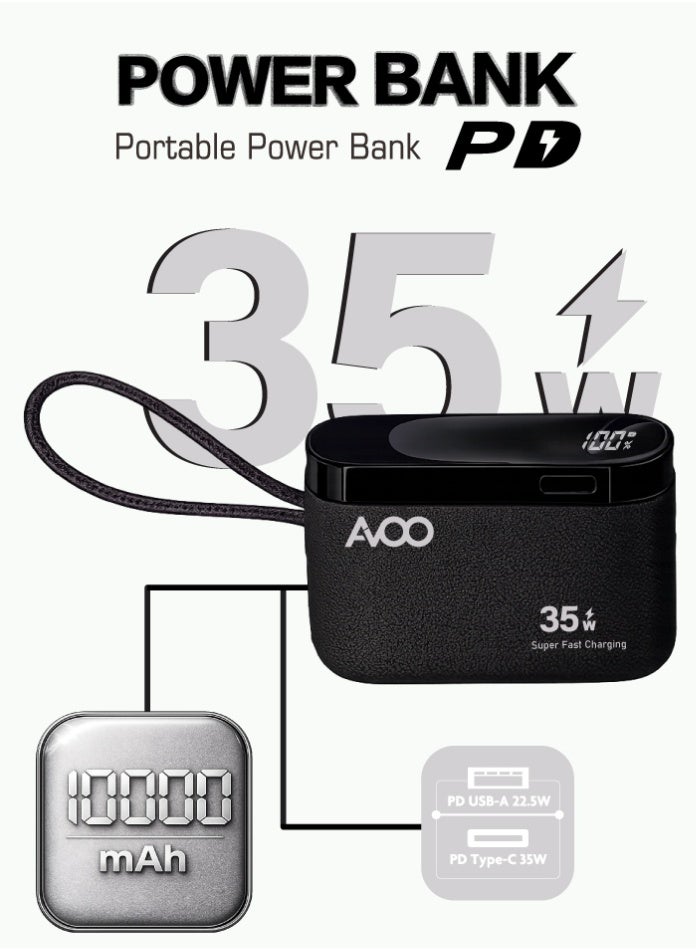 أفو باور بنك شحن متنقل صغير وخفيف 10000mAh شحن سريع 35W PD مع تايب سي مدمج ومنفذين USB ومنفذ Type-C – بطارية متنقلة باللون الاسود للآيفون وسامسونج وأندرويد – مناسب للآيباد والرحلات - Image 4