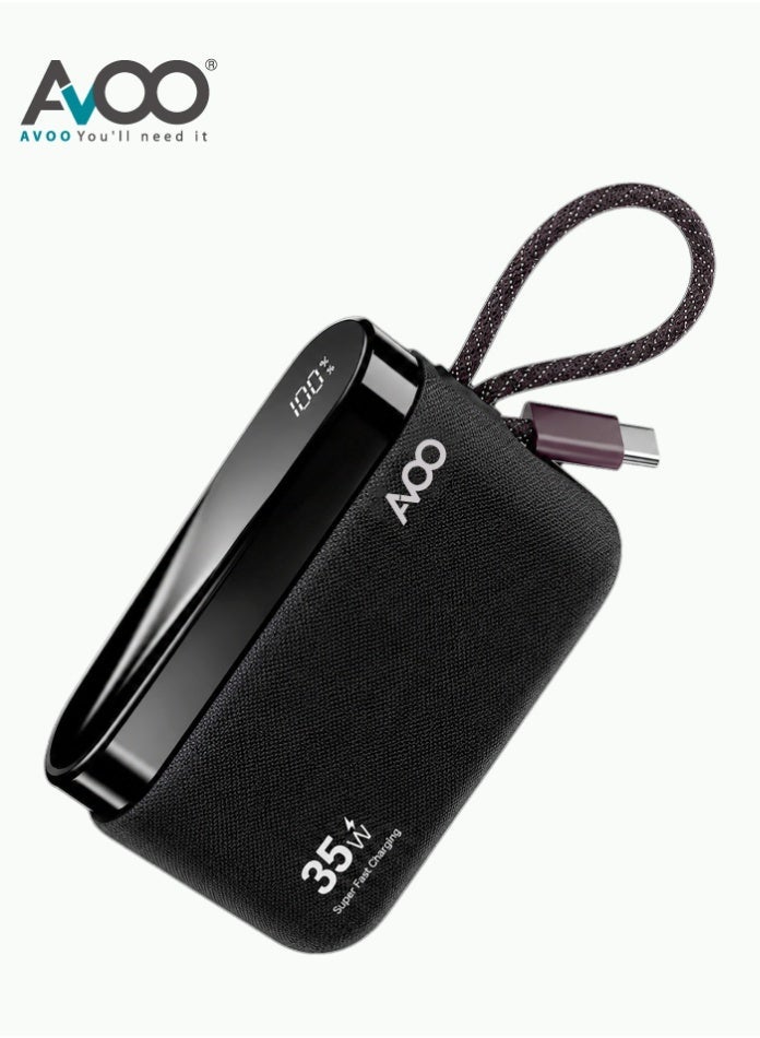 أفو باور بنك شحن متنقل صغير وخفيف 10000mAh شحن سريع 35W PD مع تايب سي مدمج ومنفذين USB ومنفذ Type-C – بطارية متنقلة باللون الاسود للآيفون وسامسونج وأندرويد – مناسب للآيباد والرحلات - Image 1