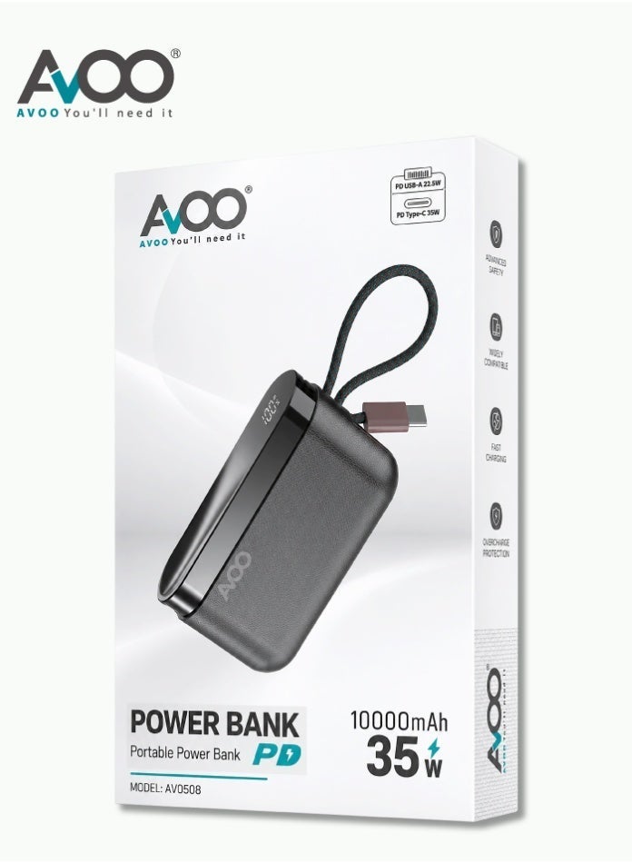 أفو باور بنك شحن متنقل صغير وخفيف 10000mAh شحن سريع 35W PD مع تايب سي مدمج ومنفذين USB ومنفذ Type-C – بطارية متنقلة باللون الاسود للآيفون وسامسونج وأندرويد – مناسب للآيباد والرحلات - Image 2