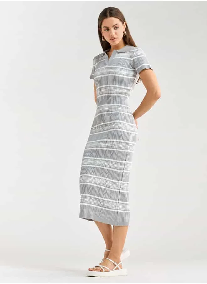 FAV Striped Collared Bodycon Dress with Short Sleeves