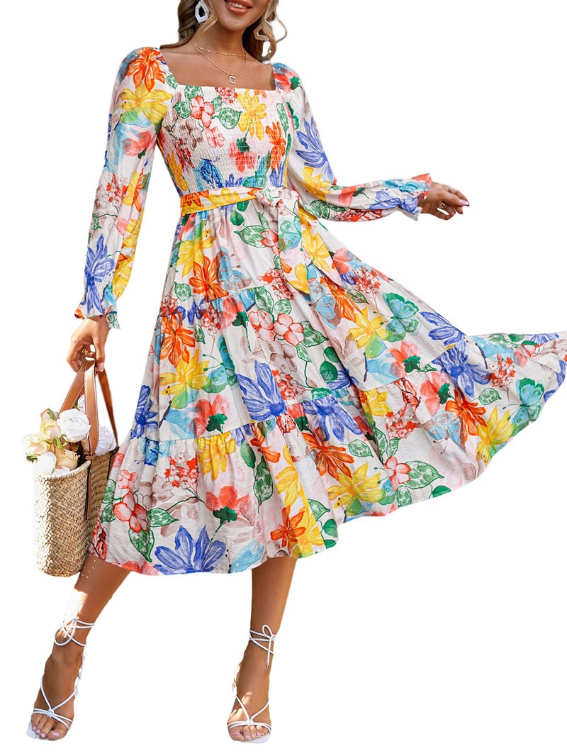 Amegoya Womens Boho Flowy Long Sleeve Floral Dress Ruffle Smocked Tiered Midi Maternity Spring Dress(A-Floral 4) - Image 1
