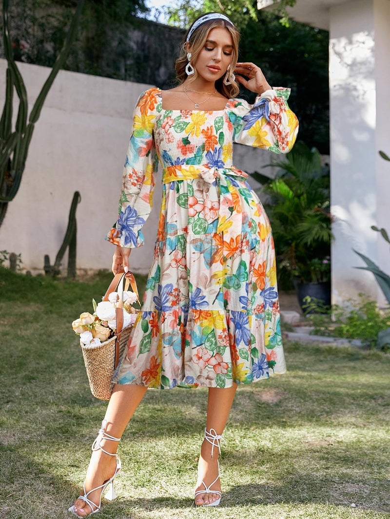 Amegoya Womens Boho Flowy Long Sleeve Floral Dress Ruffle Smocked Tiered Midi Maternity Spring Dress(A-Floral 4) - Image 3