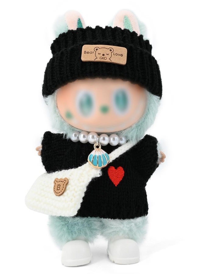 Evowatt Doll Outfits, Clothes for Labubu 17cm Doll, 4-Piece Knitted Labubu Clothes Doll Set - Heart Sweater, Beanie Hat, Mini Bag & Shell Necklace, Black - Image 5