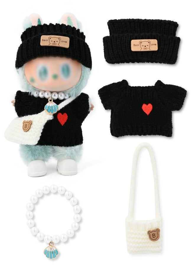Evowatt Doll Outfits, Clothes for Labubu 17cm Doll, 4-Piece Knitted Labubu Clothes Doll Set - Heart Sweater, Beanie Hat, Mini Bag & Shell Necklace, Black - Image 1