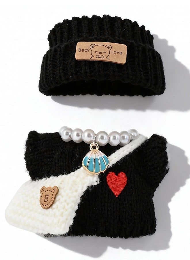 Evowatt Doll Outfits, Clothes for Labubu 17cm Doll, 4-Piece Knitted Labubu Clothes Doll Set - Heart Sweater, Beanie Hat, Mini Bag & Shell Necklace, Black - Image 4