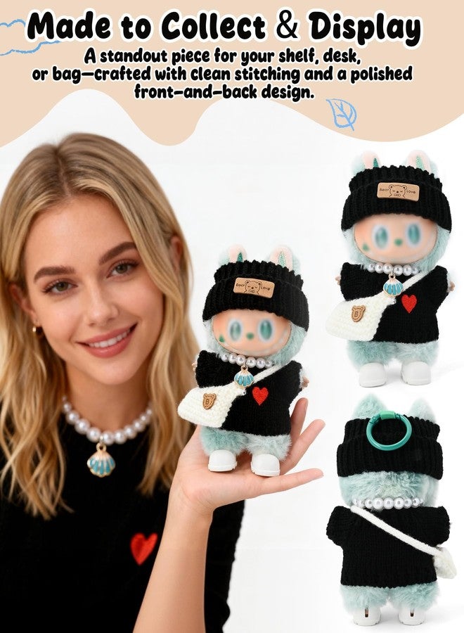 Evowatt Doll Outfits, Clothes for Labubu 17cm Doll, 4-Piece Knitted Labubu Clothes Doll Set - Heart Sweater, Beanie Hat, Mini Bag & Shell Necklace, Black - Image 3