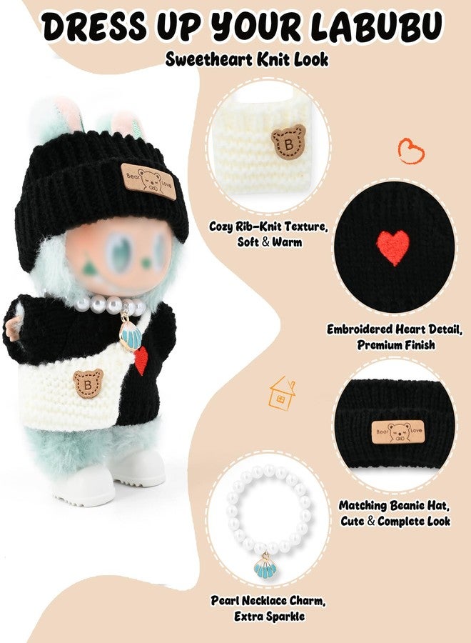 Evowatt Doll Outfits, Clothes for Labubu 17cm Doll, 4-Piece Knitted Labubu Clothes Doll Set - Heart Sweater, Beanie Hat, Mini Bag & Shell Necklace, Black - Image 2