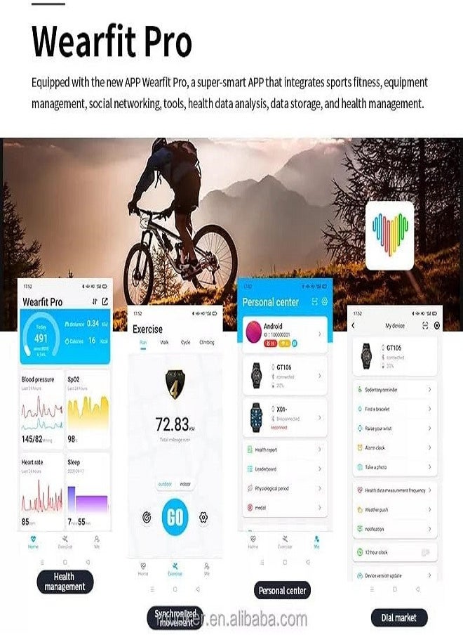 M26 Plus smart watch, wireless charging, 1.77'' 45mm, (iOS Android), touch screen, Bluetooth call, music system, heart rate sensor, IP67 waterproof, Password lock screen - Black
