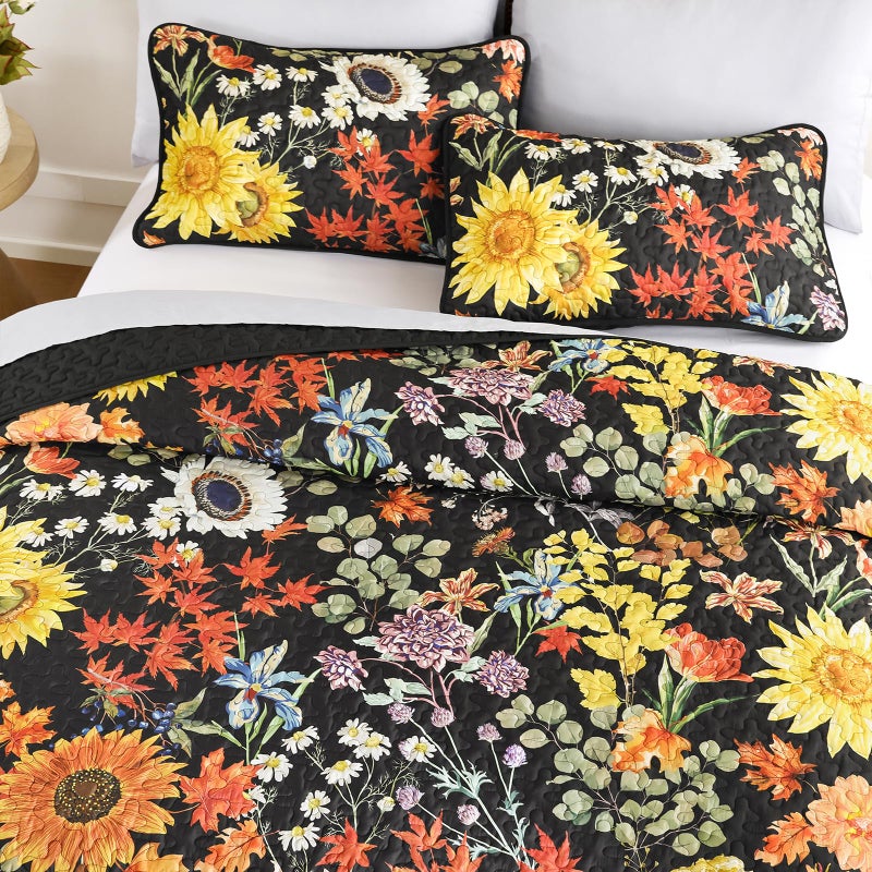 Yiran Quilt King Size, Black Yellow Sunflower Floral Bedspreads Bedding Set, 3 Pieces Fall Soft Lightweight Microfiber Coverlet with 2 Pillow Shams for All Season 106x90 Inch - Image 2