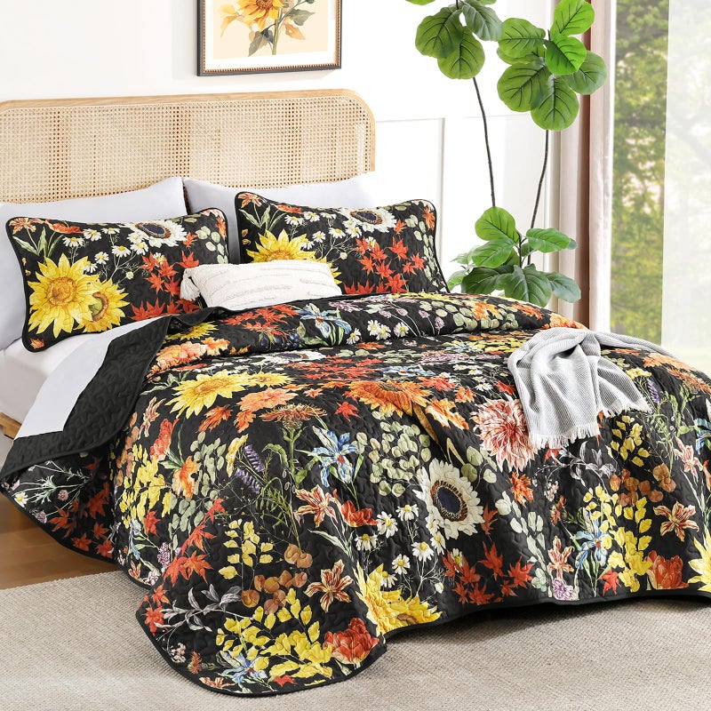 Yiran Quilt King Size, Black Yellow Sunflower Floral Bedspreads Bedding Set, 3 Pieces Fall Soft Lightweight Microfiber Coverlet with 2 Pillow Shams for All Season 106x90 Inch - Image 3