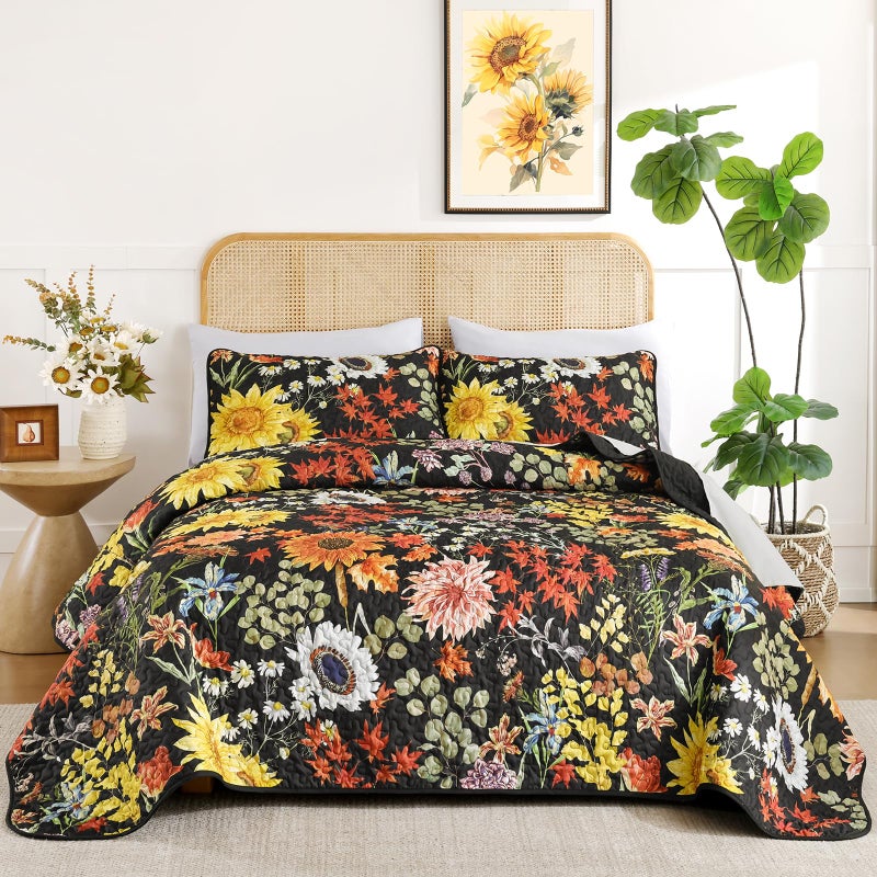 Yiran Quilt King Size, Black Yellow Sunflower Floral Bedspreads Bedding Set, 3 Pieces Fall Soft Lightweight Microfiber Coverlet with 2 Pillow Shams for All Season 106x90 Inch - Image 4