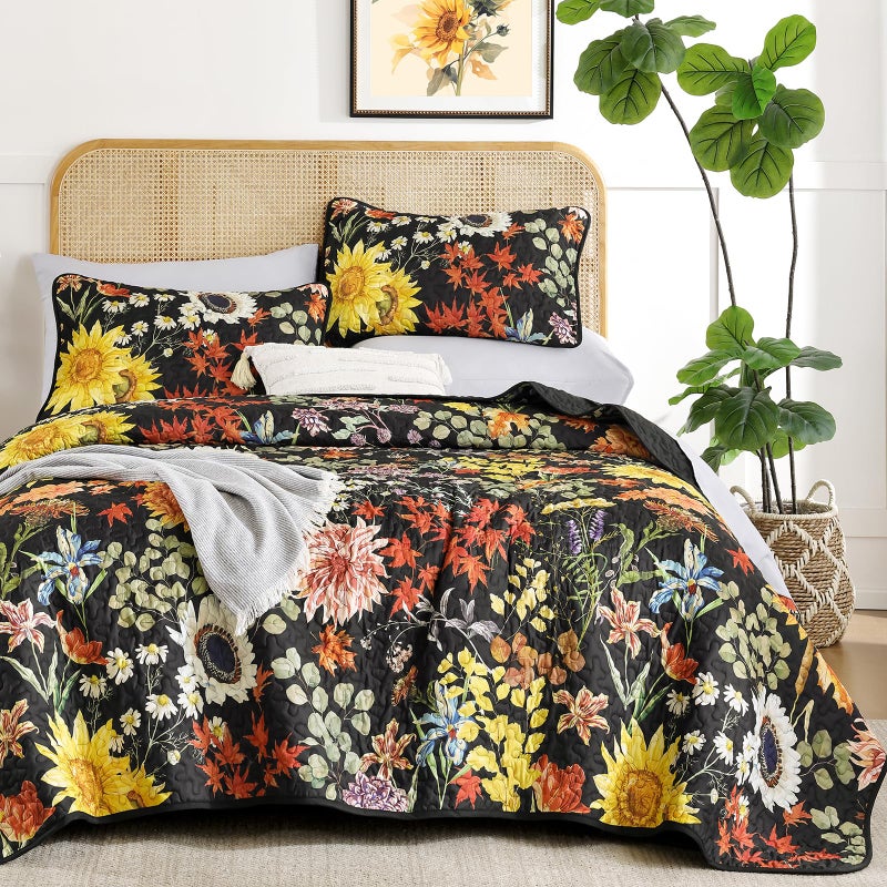 Yiran Quilt King Size, Black Yellow Sunflower Floral Bedspreads Bedding Set, 3 Pieces Fall Soft Lightweight Microfiber Coverlet with 2 Pillow Shams for All Season 106x90 Inch - Image 1