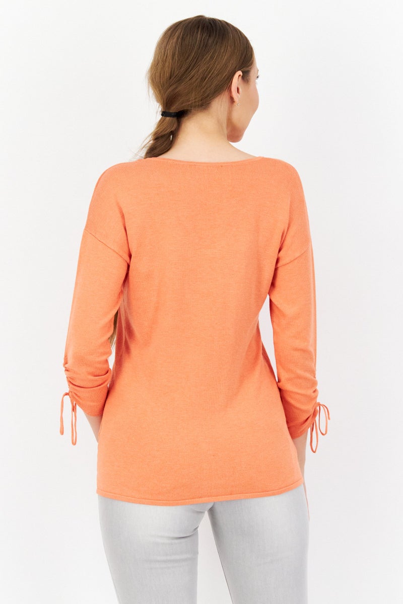 Zero Women V Neck Long Sleeve Plain Sweater, Dark Orange - Image 2