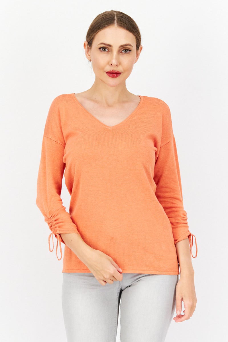Zero Women V Neck Long Sleeve Plain Sweater, Dark Orange - Image 1