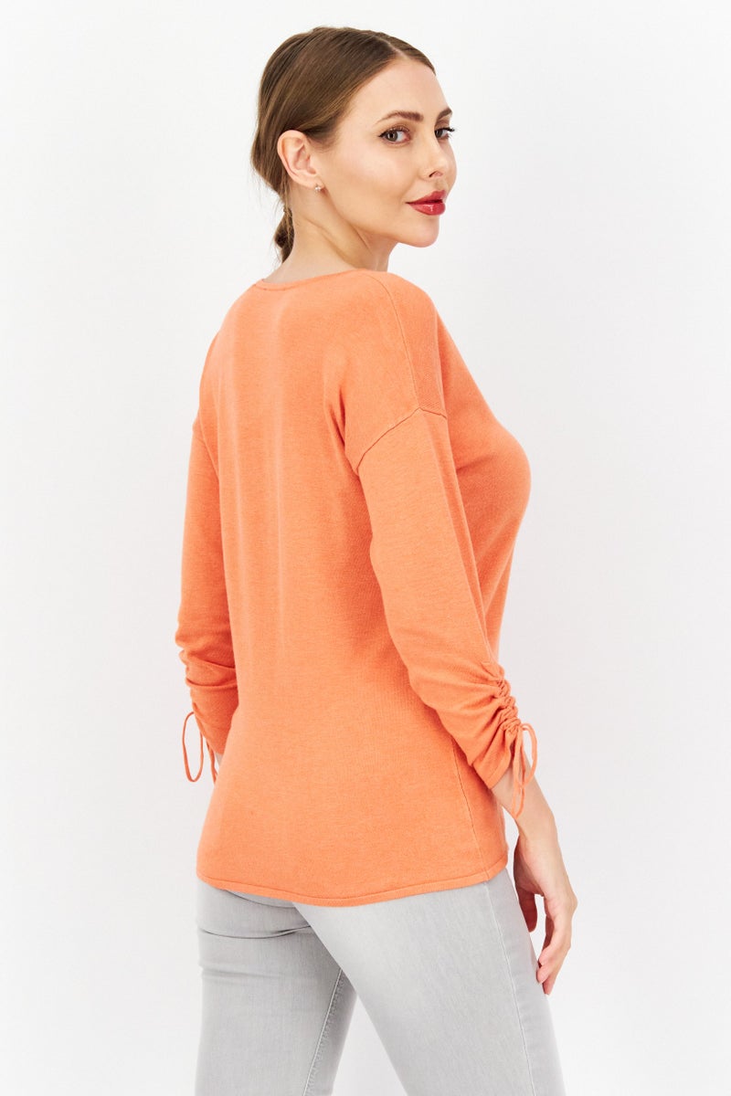 Zero Women V Neck Long Sleeve Plain Sweater, Dark Orange - Image 3