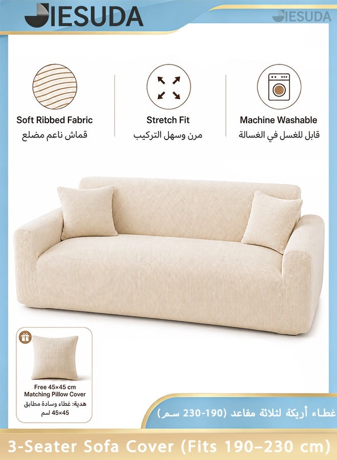 JieSuDa Corduroy 3 Seater Sofa Slipcover Full Coverage Stretch Couch Cover For 190-230 cm Sofa With 45x45 cm Matching Cushion Cover Off White - Image 1