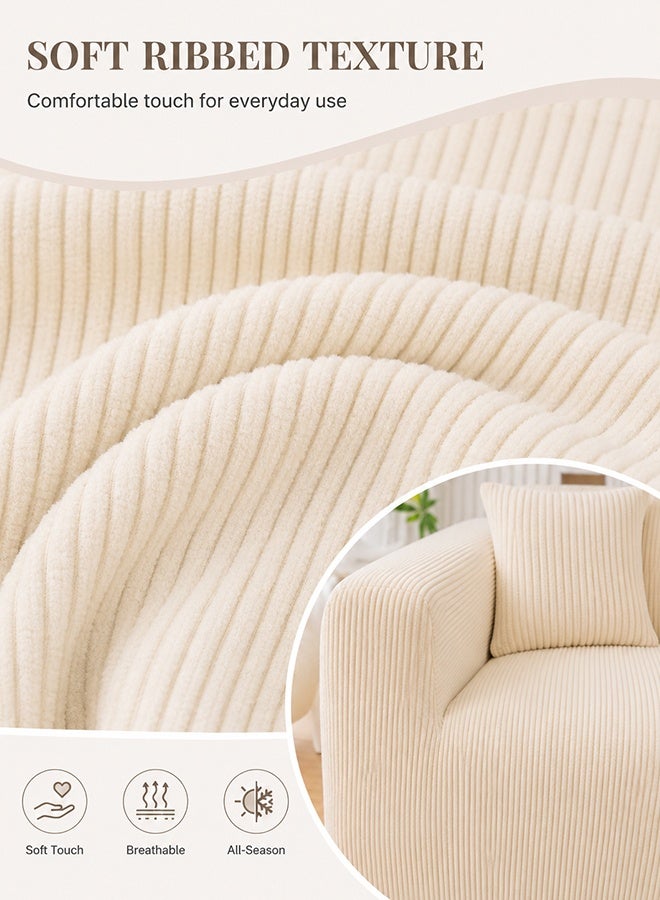 JieSuDa Corduroy 3 Seater Sofa Slipcover Full Coverage Stretch Couch Cover For 190-230 cm Sofa With 45x45 cm Matching Cushion Cover Off White - Image 3