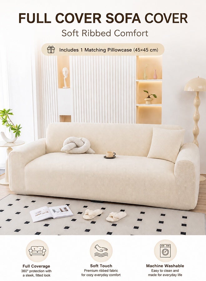 JieSuDa Corduroy 3 Seater Sofa Slipcover Full Coverage Stretch Couch Cover For 190-230 cm Sofa With 45x45 cm Matching Cushion Cover Off White - Image 2