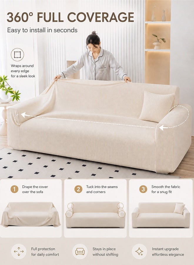 JieSuDa Corduroy 3 Seater Sofa Slipcover Full Coverage Stretch Couch Cover For 190-230 cm Sofa With 45x45 cm Matching Cushion Cover Off White - Image 5