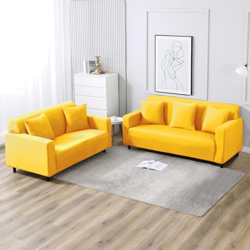 HOKIPO Polyester Blend Printed 5 Seater Fully Covered Sofa Cover in 3 Seater and 2 Seater Configuration, Sunny Yellow (AR-4278-E20 + AR-4279-E20) - Image 1