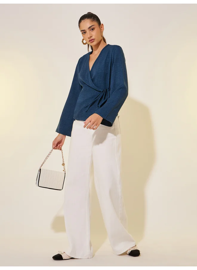 Take Two Take Two Solid Long  Sleeve Wrap Top with Tie-Up Detail