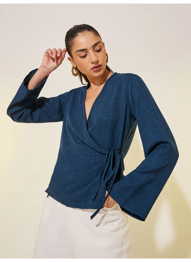 Take Two Take Two Solid Long  Sleeve Wrap Top with Tie-Up Detail