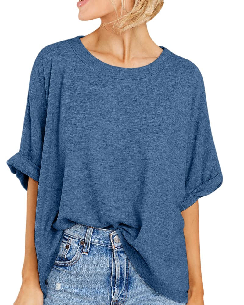 GeGekoko Women Oversized T-Shirt Summer Casual Short Sleeve Loose Tee Tops Navy Blue - Image 1