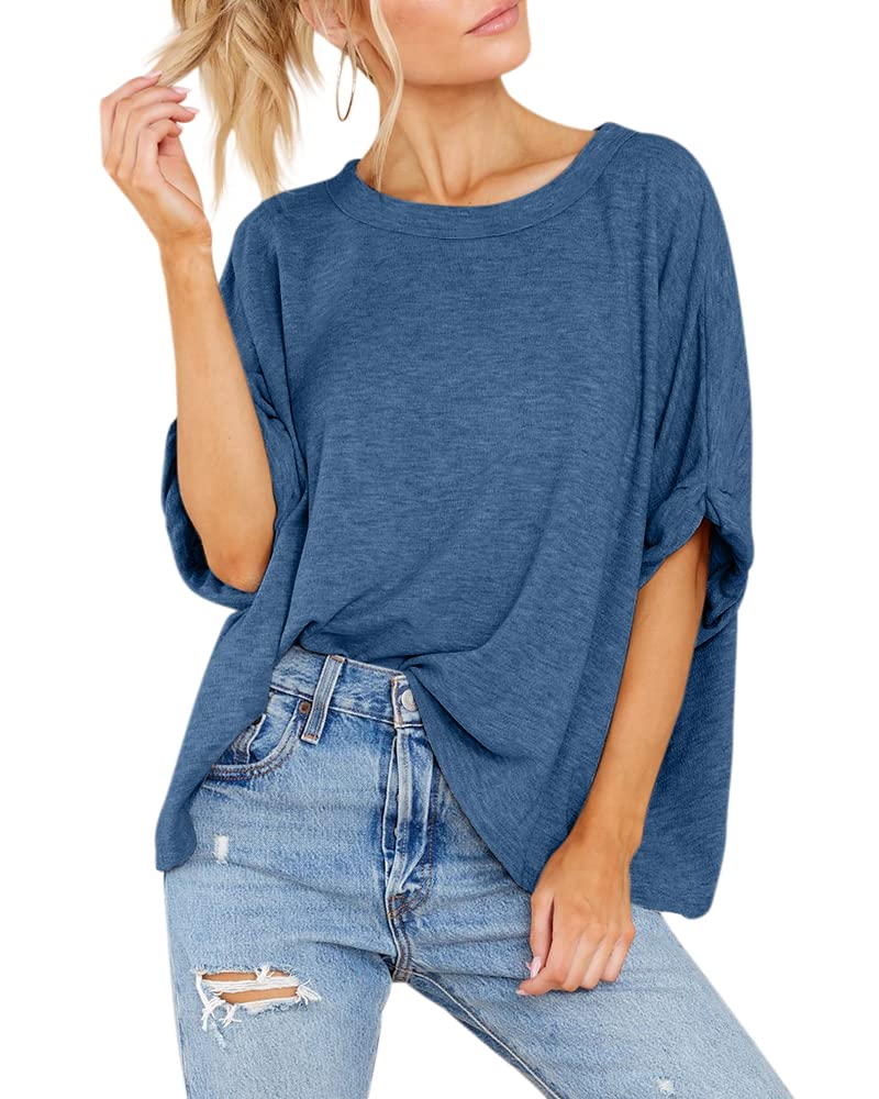 GeGekoko Women Oversized T-Shirt Summer Casual Short Sleeve Loose Tee Tops Navy Blue - Image 3
