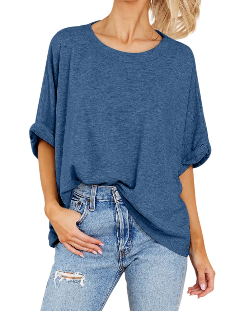 GeGekoko Women Oversized T-Shirt Summer Casual Short Sleeve Loose Tee Tops Navy Blue - Image 2