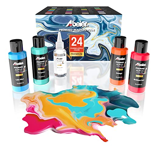 ABEIER Acrylic Pouring Paint, 2oz Bottles, Set of 24 Assorted Colors and Silicone Oil(1oz), Pre-Mixed, High Flow, Paint for Pouring on Canvas, Glass, Paper, Wood, Tile, Stones and More - Image 1