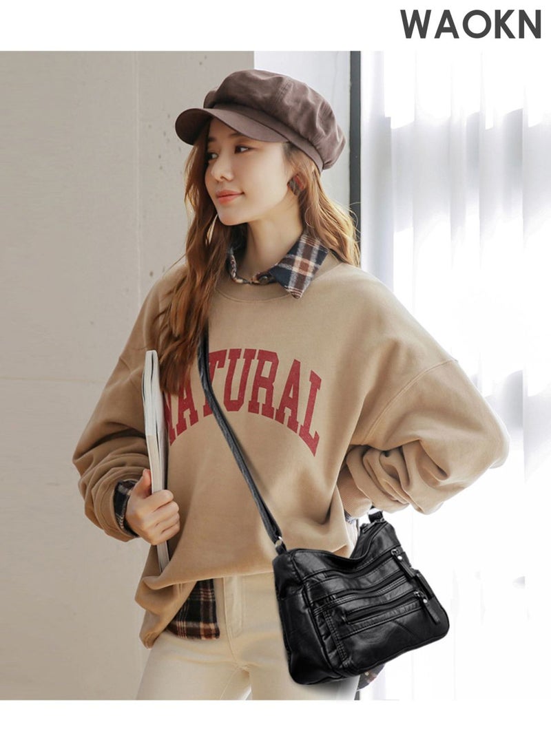 WAOKN Crossbody Shoulder Bag for Women and men , Multi Pocket Messenger Bag Soft PU Leather Cross-Body Handbags for Ladies and men , Ladies and men Shoulder Bag Black , Taille unique , Lightweight , unisex , balck . - Image 5